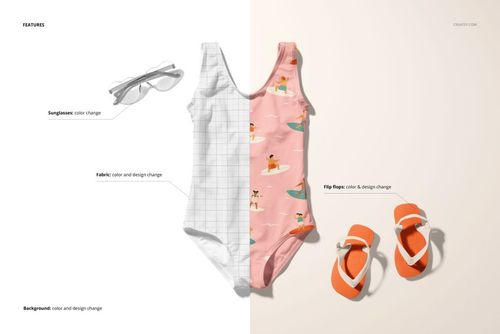 Baby swimsuit mockup set showing a front view of a pink swimsuit with summer patterns, orange flip-flops, and sunglasses on a split background.