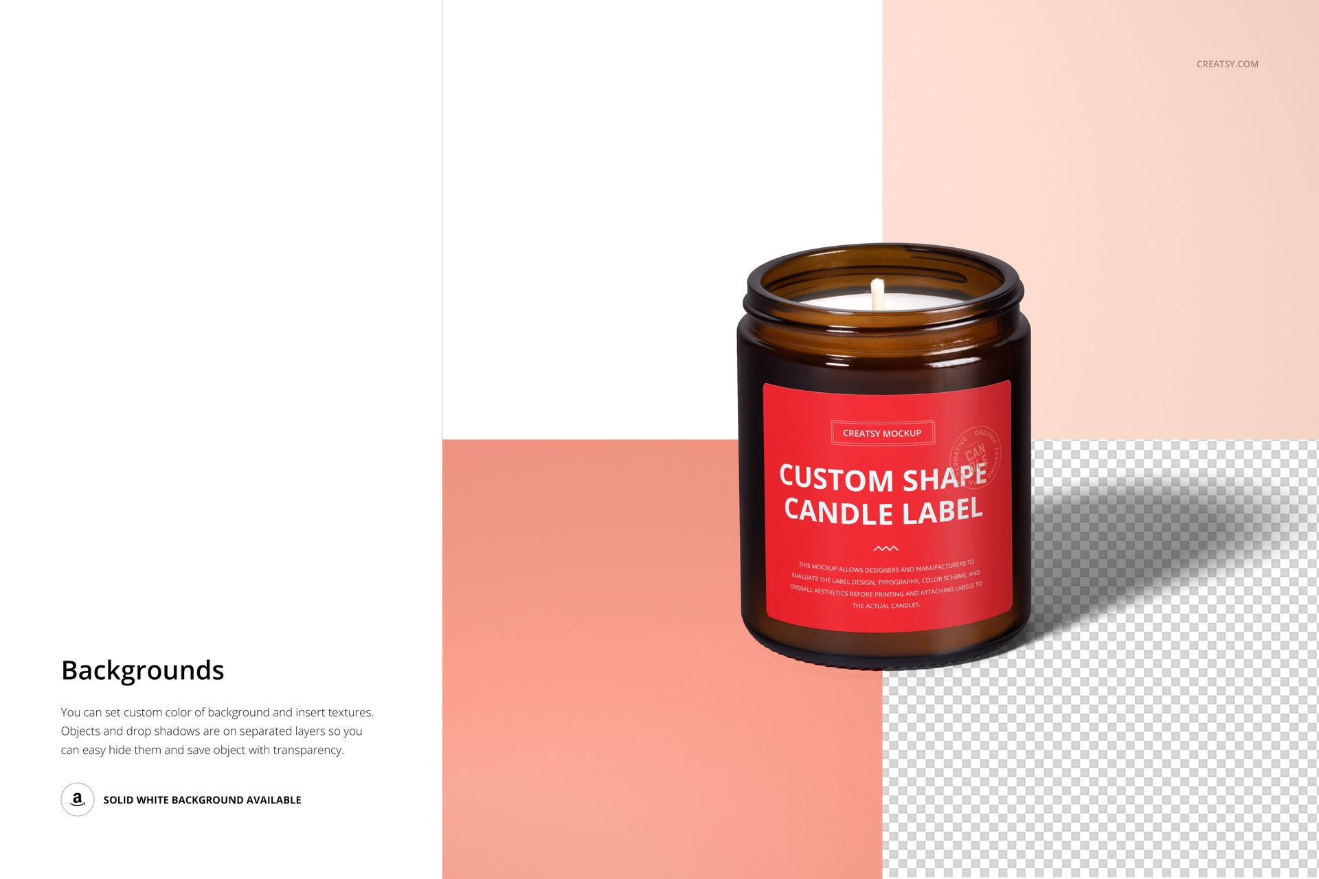 Front view of an amber jar candle mockup with a cotton wick and custom red label, set against a geometric backdrop.
