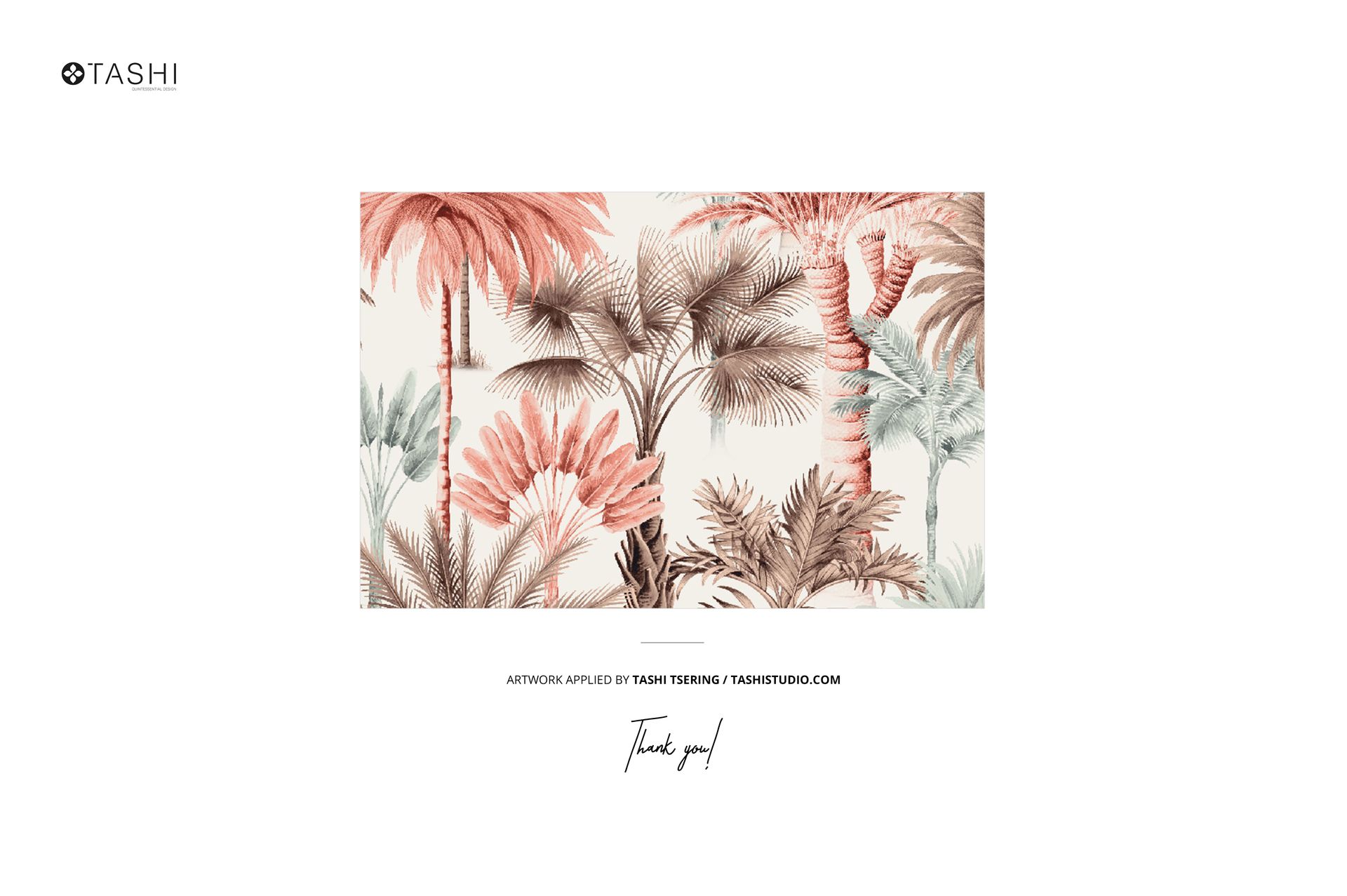 Cotton fabric mockup featuring a tropical palm tree pattern in muted pink and brown tones, front view on white background.