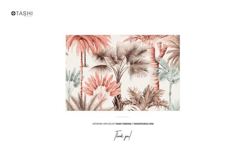 Cotton fabric mockup featuring a tropical palm tree pattern in muted pink and brown tones, front view on white background.
