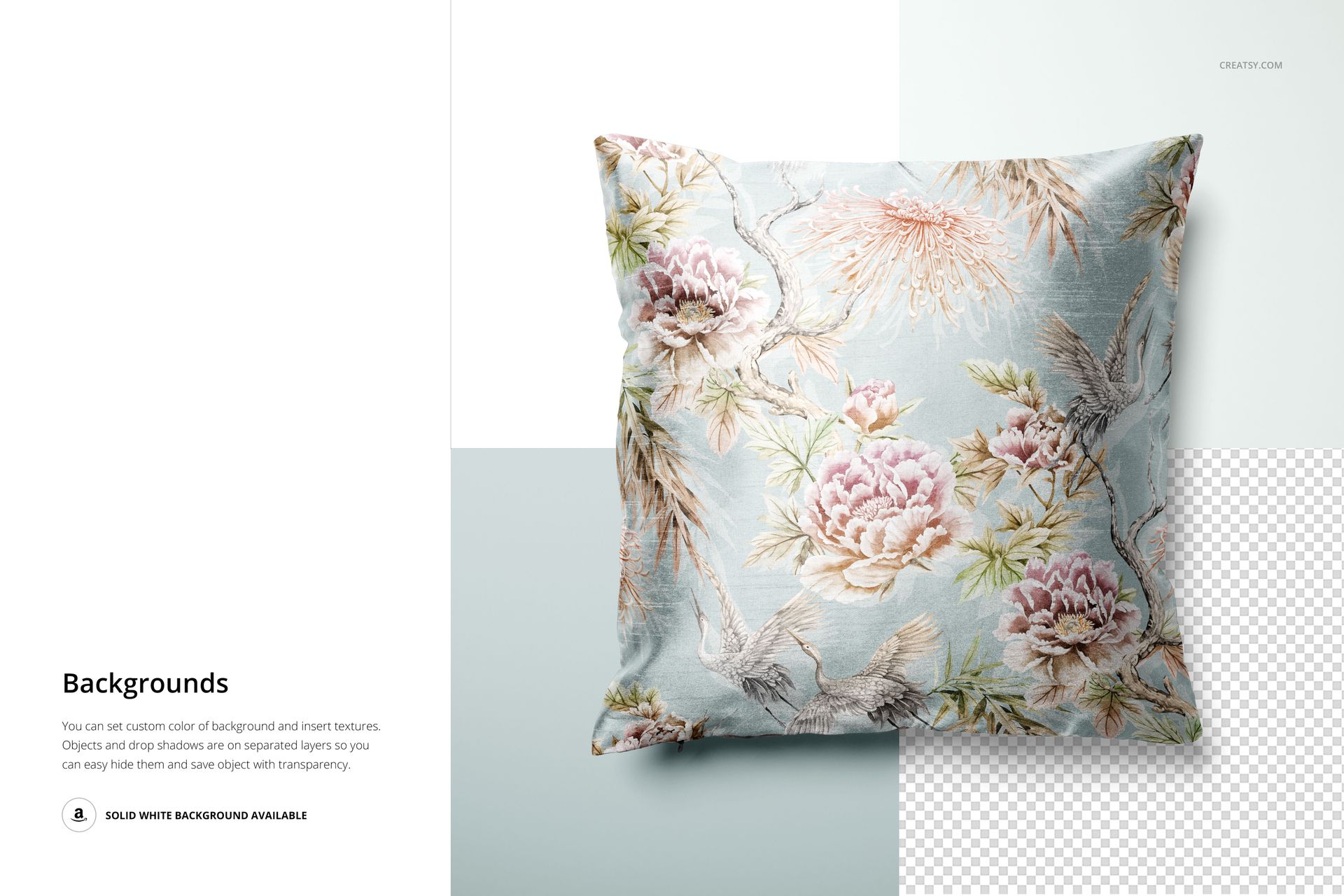 Front view of a decorative cushion cover featuring light blue fabric with pink and beige flower design, displayed on a PSD mockup.