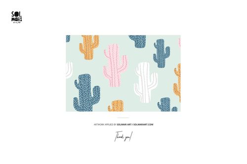 Pattern with stylized cactus shapes in blue, pink, white, and yellow on a light green background, front view.