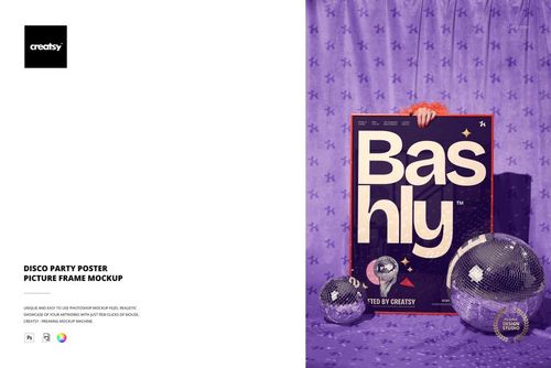 Front view of a framed disco party poster mockup held by hands, set against a purple curtain with disco balls on the floor.