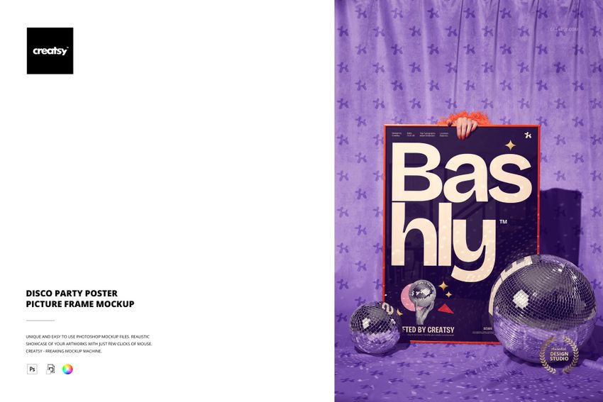 Front view of a framed disco party poster mockup held by hands, set against a purple curtain with disco balls on the floor.