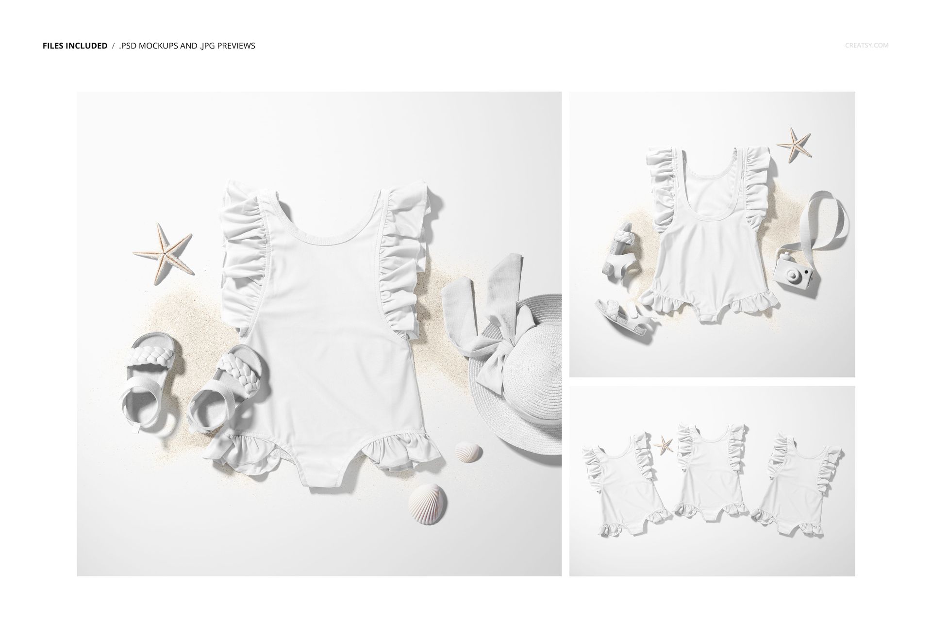 Front view of a white baby ruffle swimsuit mockup surrounded by seashells, starfish, sandals, and a sunhat on sand.