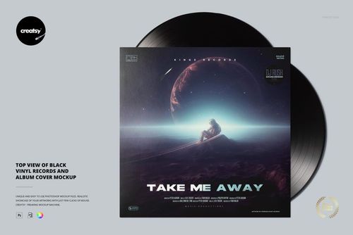 PSD mockup showing two black vinyl records beside an album cover with a cosmic scene and person sitting.