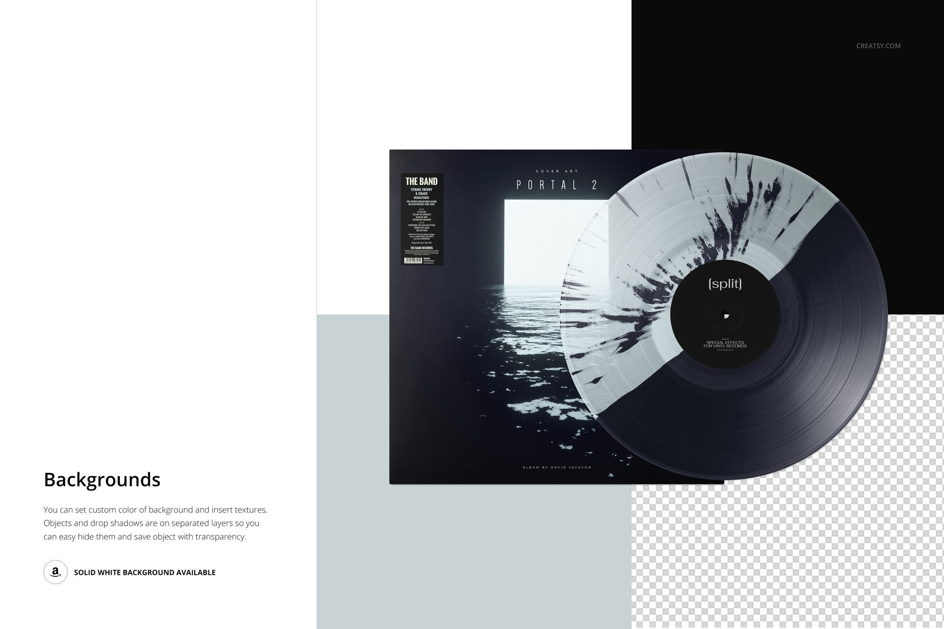 PSD mockup showing a vinyl record with abstract black splatter design and cover, arranged on geometric and transparent backgrounds.
