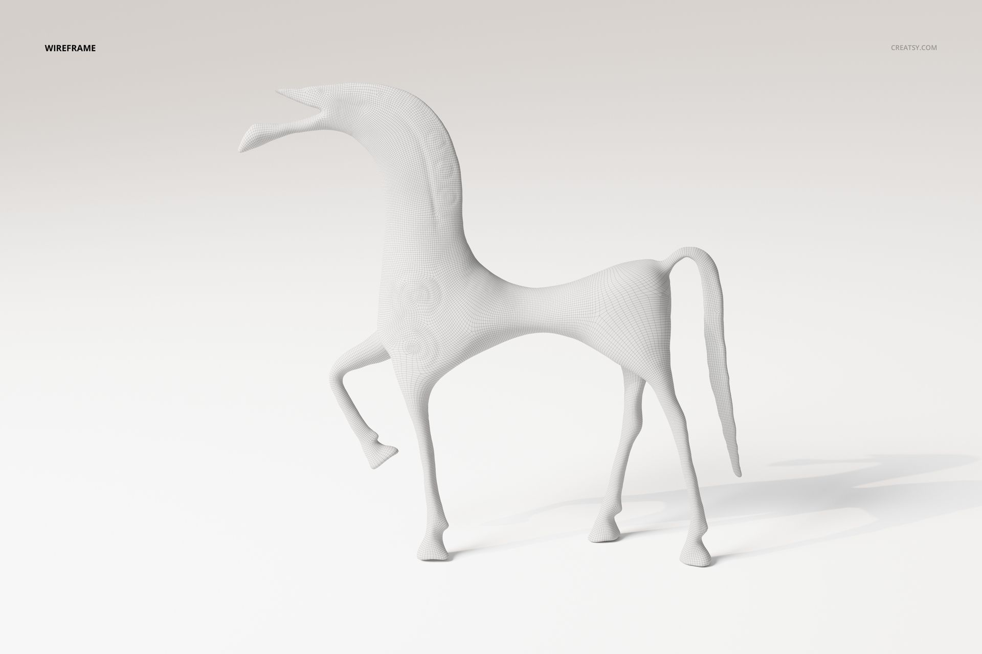 Antique-style horse figurine with elongated neck and legs, shown in white wireframe on a light background, side view.
