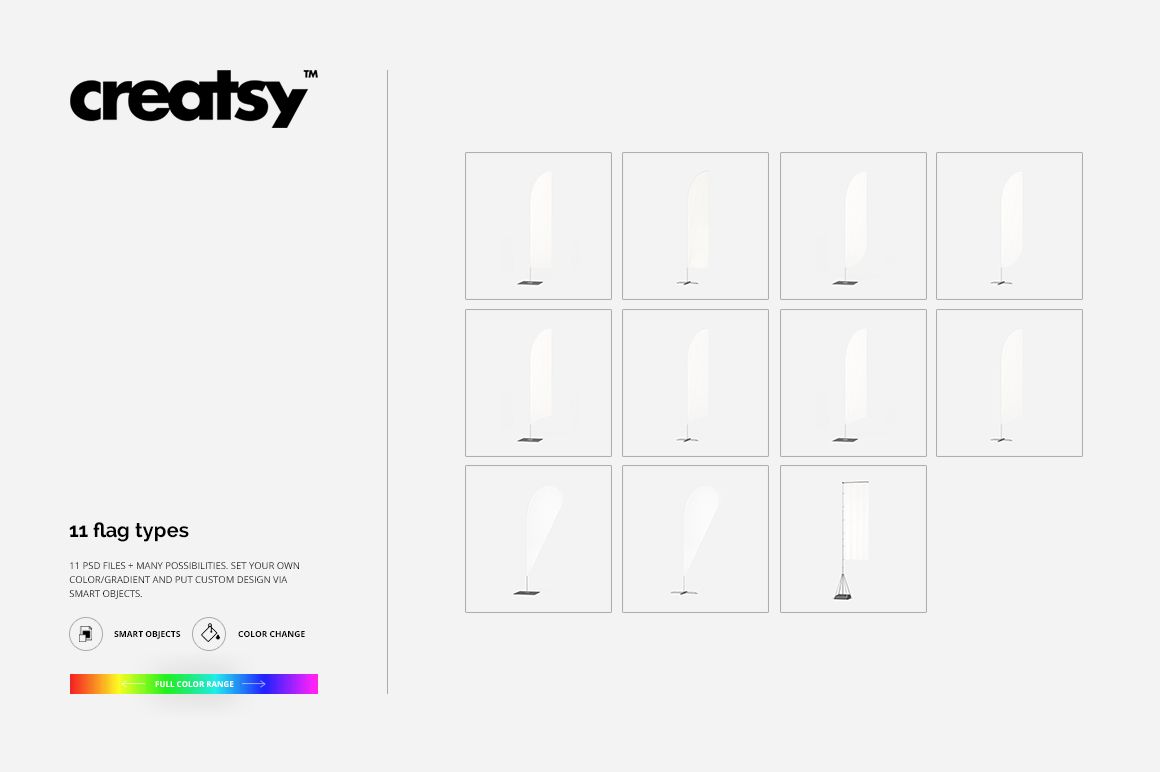 Set of eleven outdoor flag mockups in various shapes and sizes, displayed on a white background with minimal shadows.
