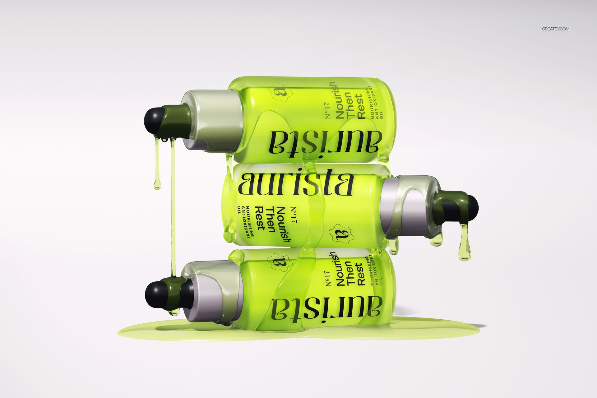 Three neon green dropper bottles with dark green caps arranged in a stack, viewed from the front with liquid dripping.