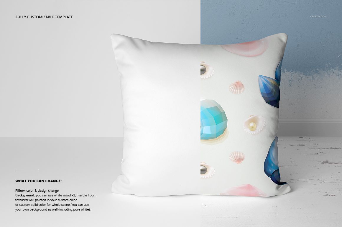 Front view of a mockup pillow featuring a white surface with blue gemstones and seashells on the right half.