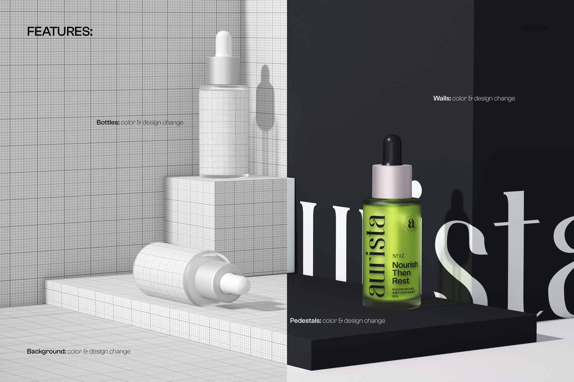 PSD mockup showing three cosmetic dropper bottles, one upright and two lying down, set on a minimalist grid and black scene.