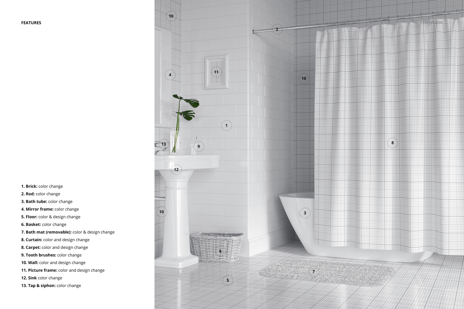 Front perspective of a bath curtain mockup in a white-tiled bathroom, showing a sink, bathtub, and floor mat.