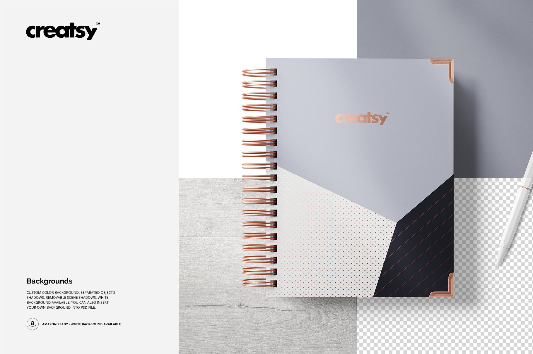 PSD mockup of a wire-bound planner featuring a modern geometric cover in gray tones, displayed flat on a desk.