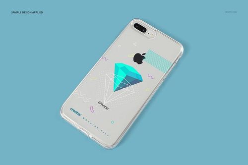 PSD mockup of a transparent iPhone 8 Plus case featuring abstract shapes and a turquoise diamond, top view.