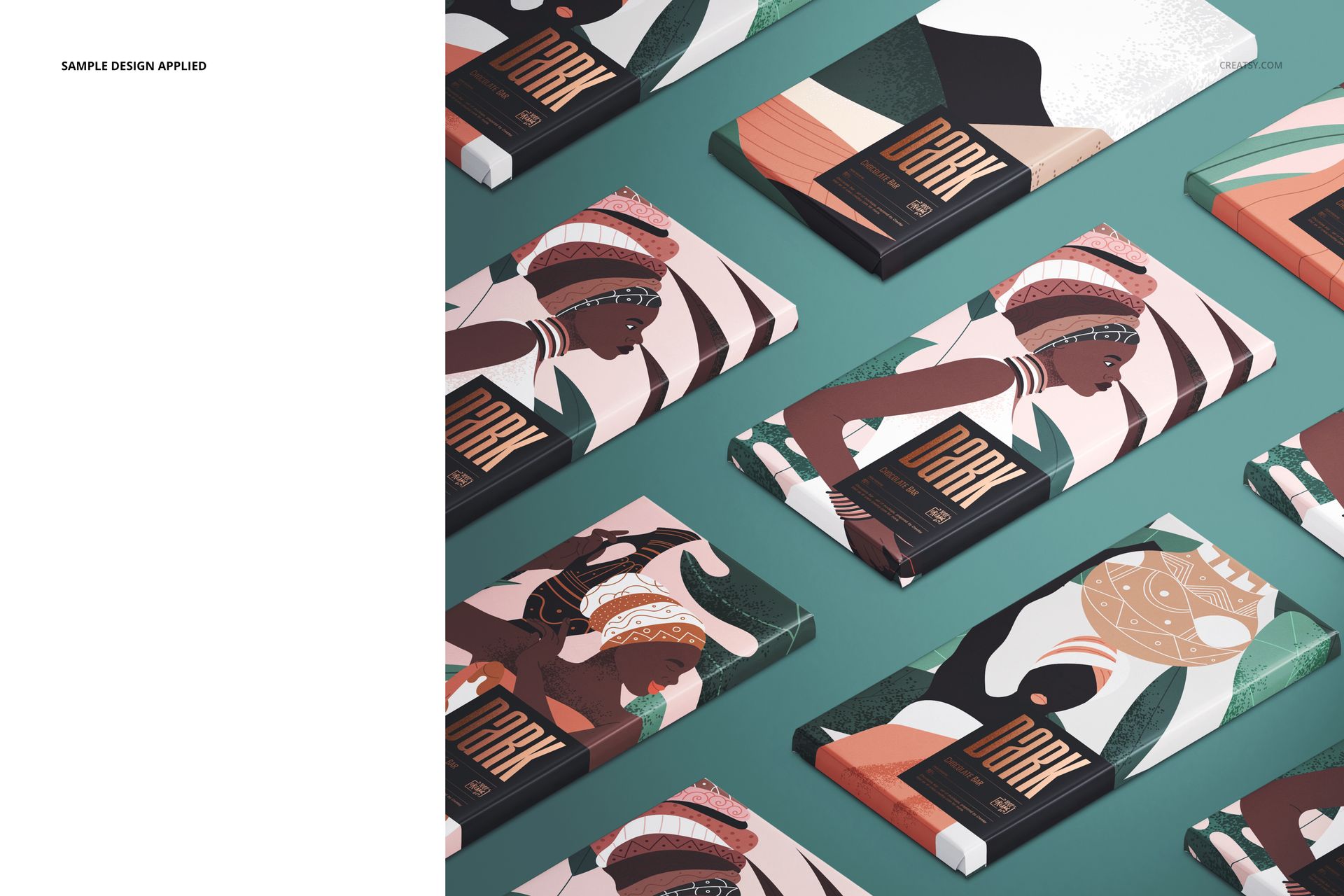 Chocolate bar mockup set arranged in diagonal rows, featuring abstract and illustrated wrapper designs on a teal surface.