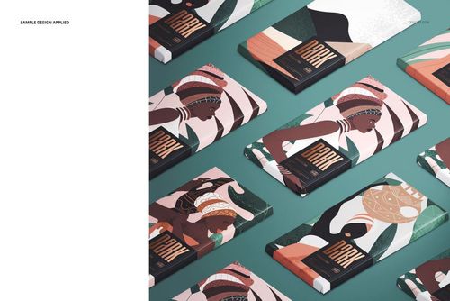 Chocolate bar mockup set arranged in diagonal rows, featuring abstract and illustrated wrapper designs on a teal surface.