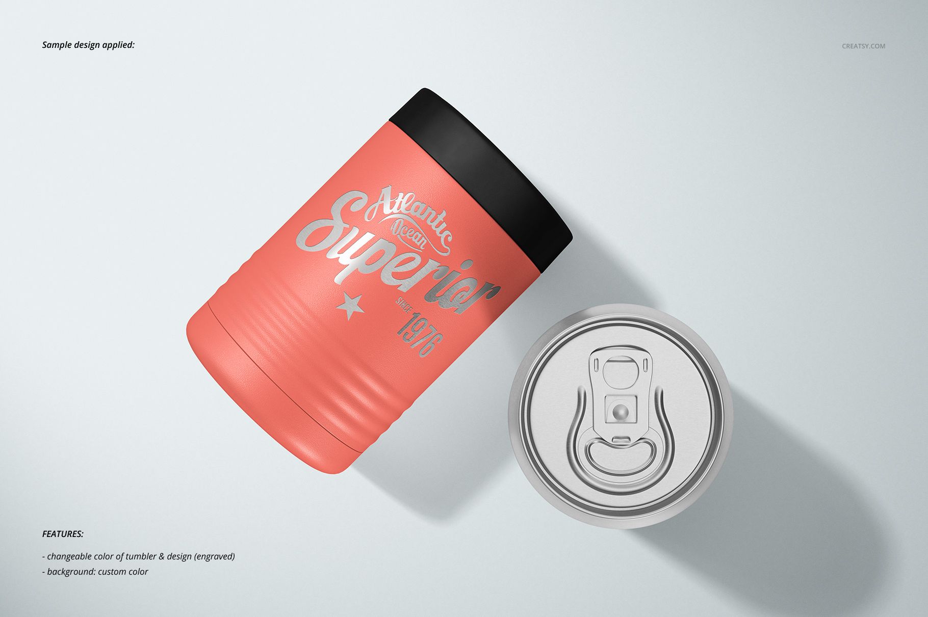 Front view of a beverage can holder cooler mockup with coral color and engraved text, next to a silver can top.
