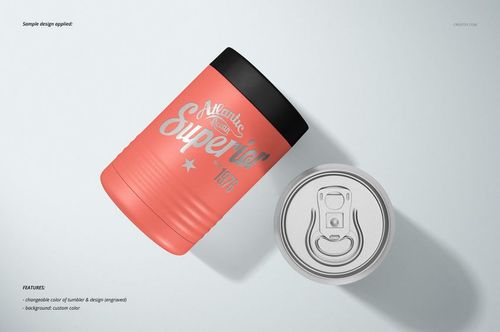 Front view of a beverage can holder cooler mockup with coral color and engraved text, next to a silver can top.
