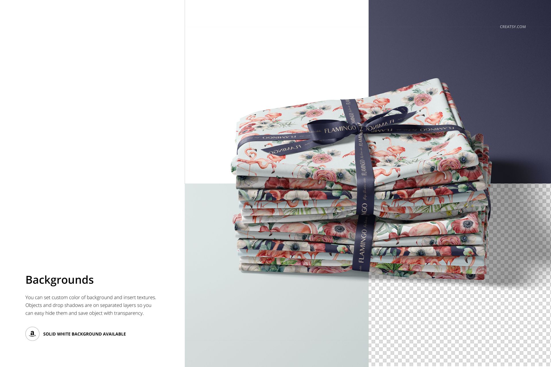 Folded fabrics mockup displaying stacked textiles with nature-inspired prints and a navy ribbon, shown on a pale background.