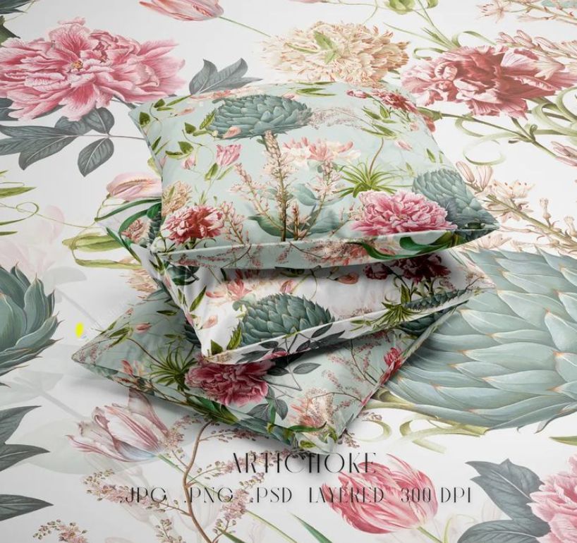 Velvet cushion cover mockup featuring two square pillows with a botanical floral pattern in pink, green, and cream tones on a matching surface.