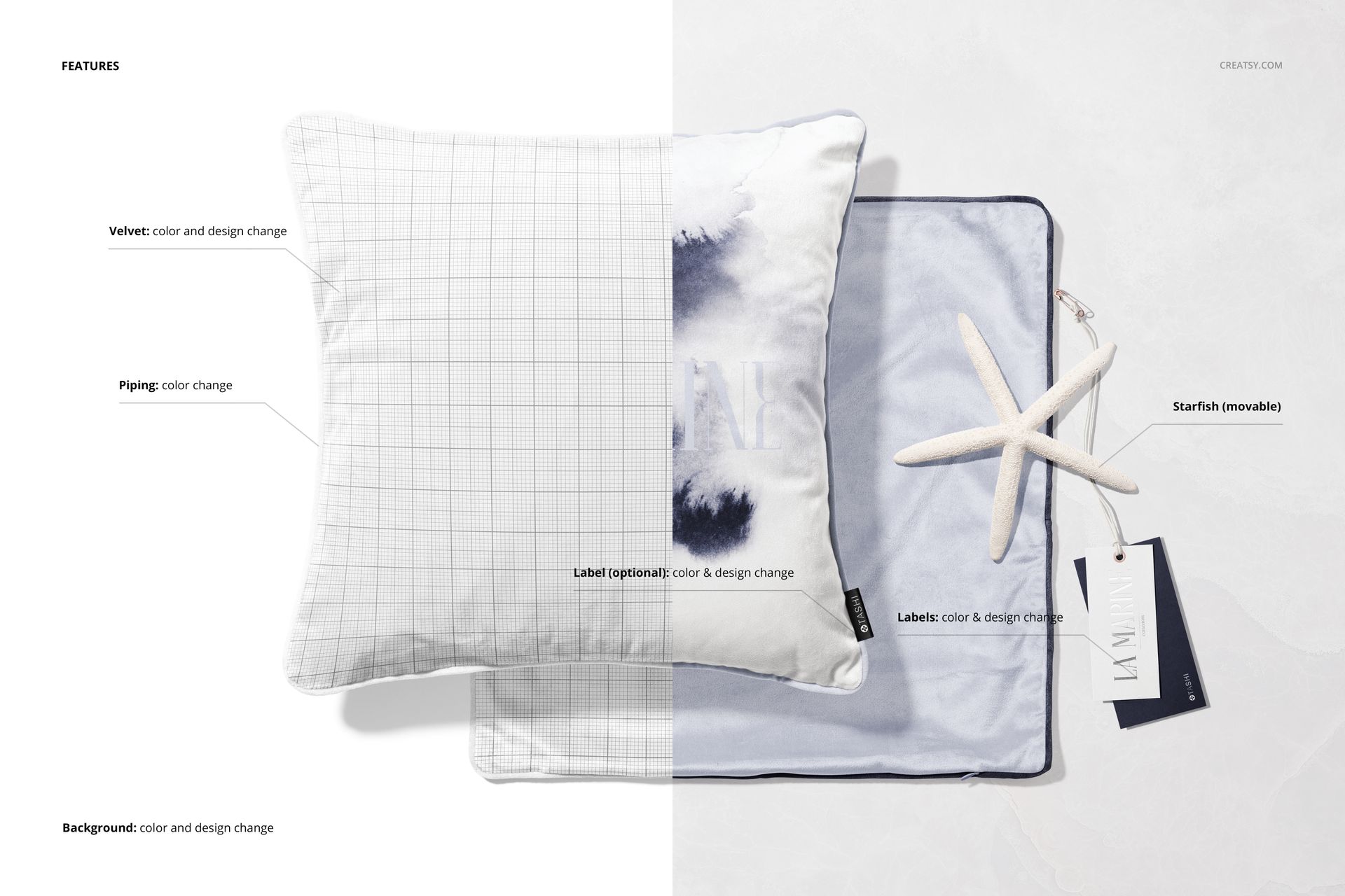 PSD mockup of velvet cushions in square and round shapes, displayed with a starfish and product label on a pale background.
