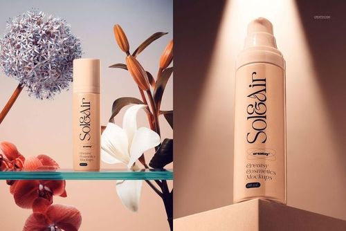 Cosmetics packaging PSD mockup featuring a beige pump bottle with floral props and soft lighting on both sides.