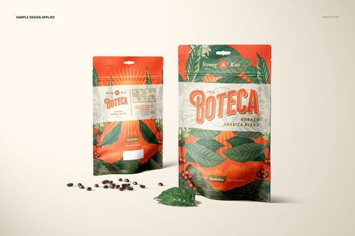 PSD mockup of packaging pouches with vivid leaf illustrations, shown from front and back angles with coffee beans.