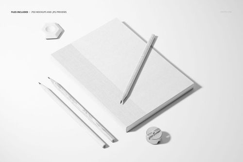 Stationery mockup showing a closed planner, three pencils, eraser, and sharpener arranged on a light background.