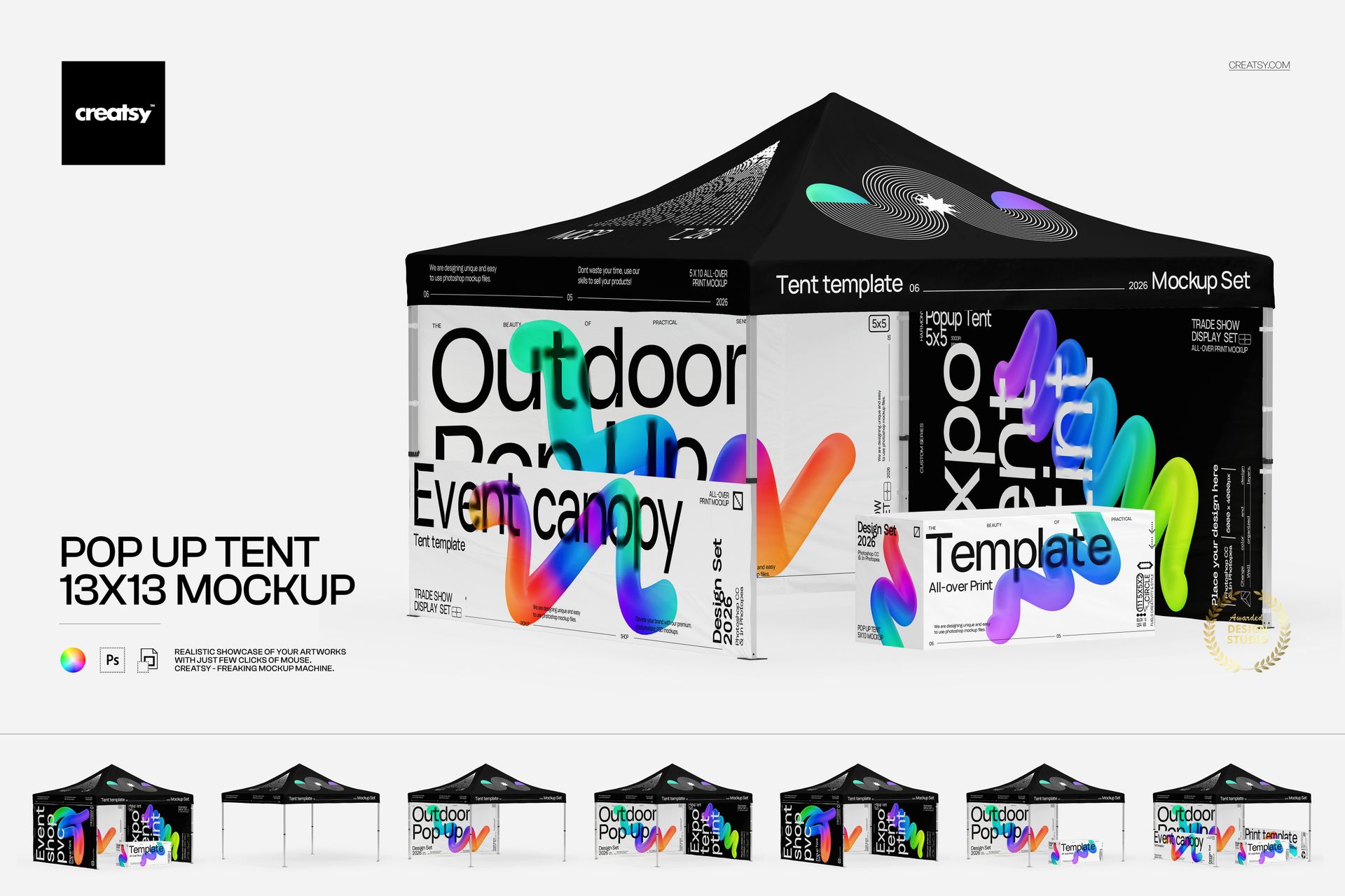 13x13 event tent mockup featuring vibrant multicolor patterns on the canopy, shown from the front side.
