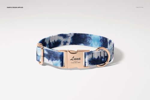 Front view of a dog collar mockup featuring a blue tie-dye design and metallic clasp, set against a neutral backdrop.