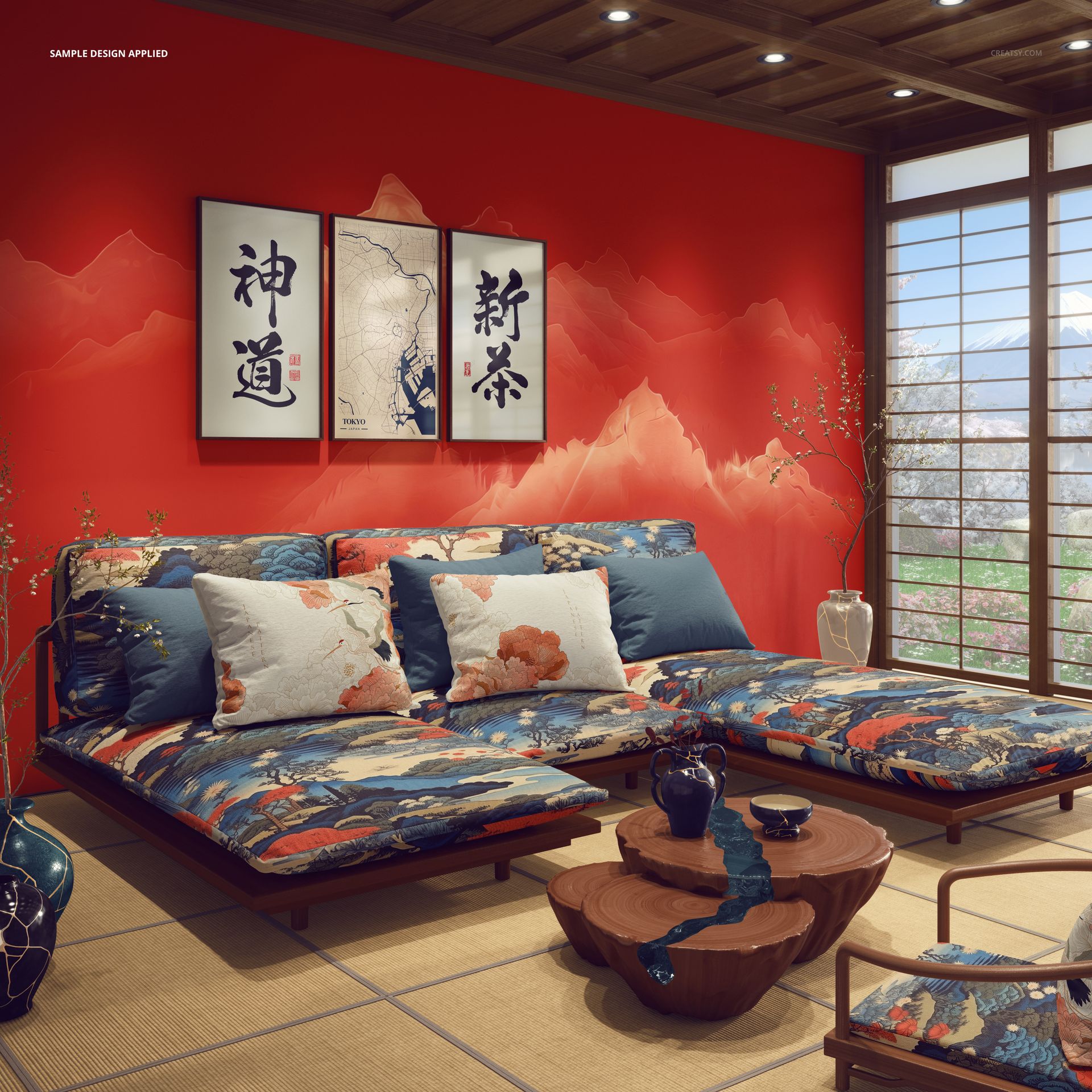 Serene Japanese living room mockup featuring a low sofa, tatami mats, blue cushions, and Mount Fuji view.