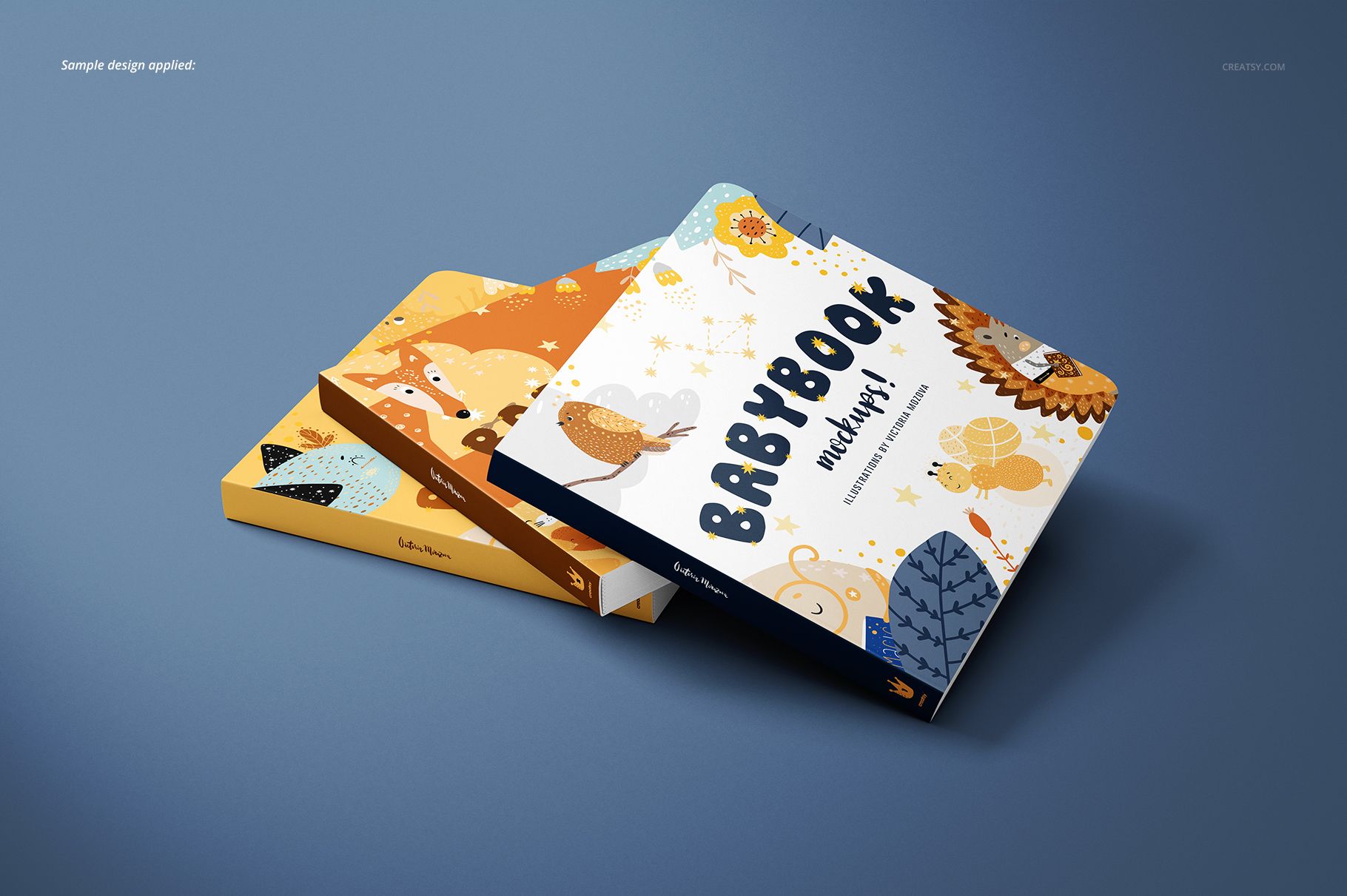 Cardboard baby book PSD mockup set showing two books with playful animal patterns, arranged side by side.