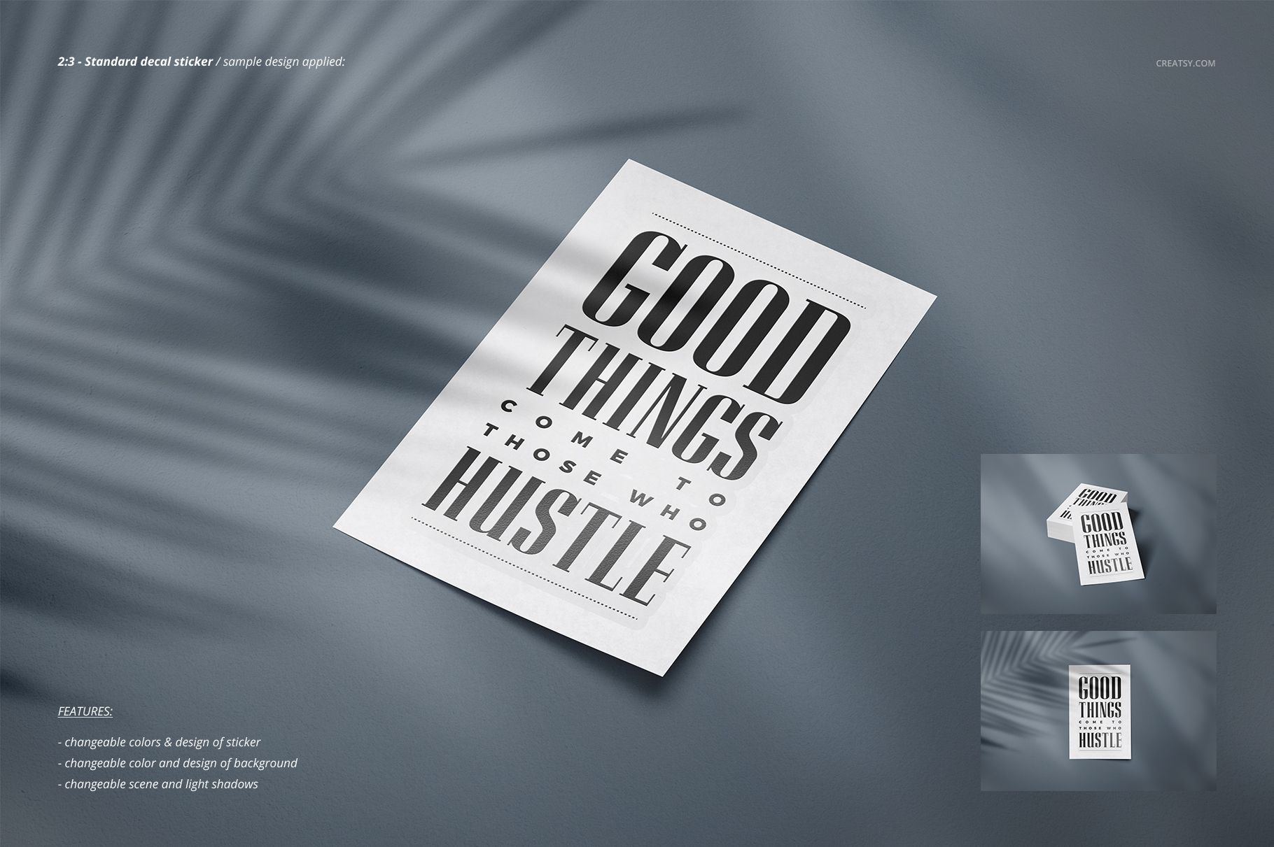 Decals stickers mockup set featuring a rectangular sticker with black text, displayed flat on a neutral background.