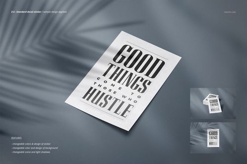 Decals stickers mockup set featuring a rectangular sticker with black text, displayed flat on a neutral background.