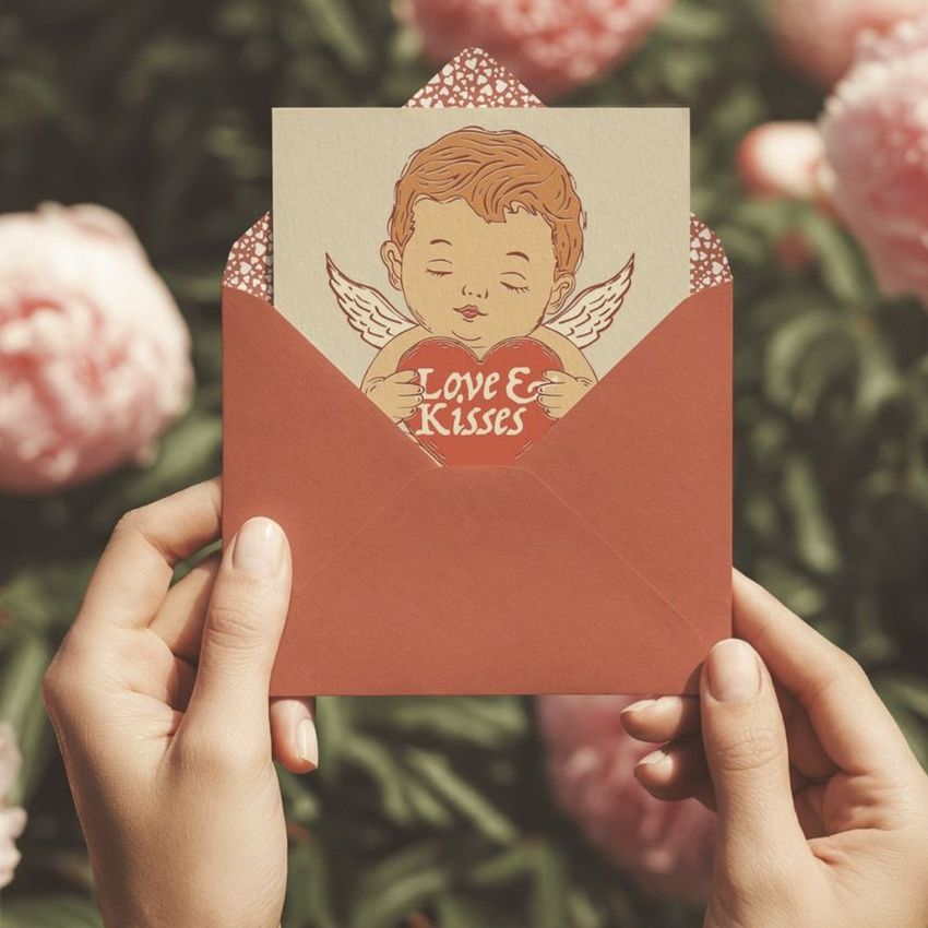 Greeting card mockup with a red envelope held by hands, floral pattern inside, and pink peonies in the blurred background.