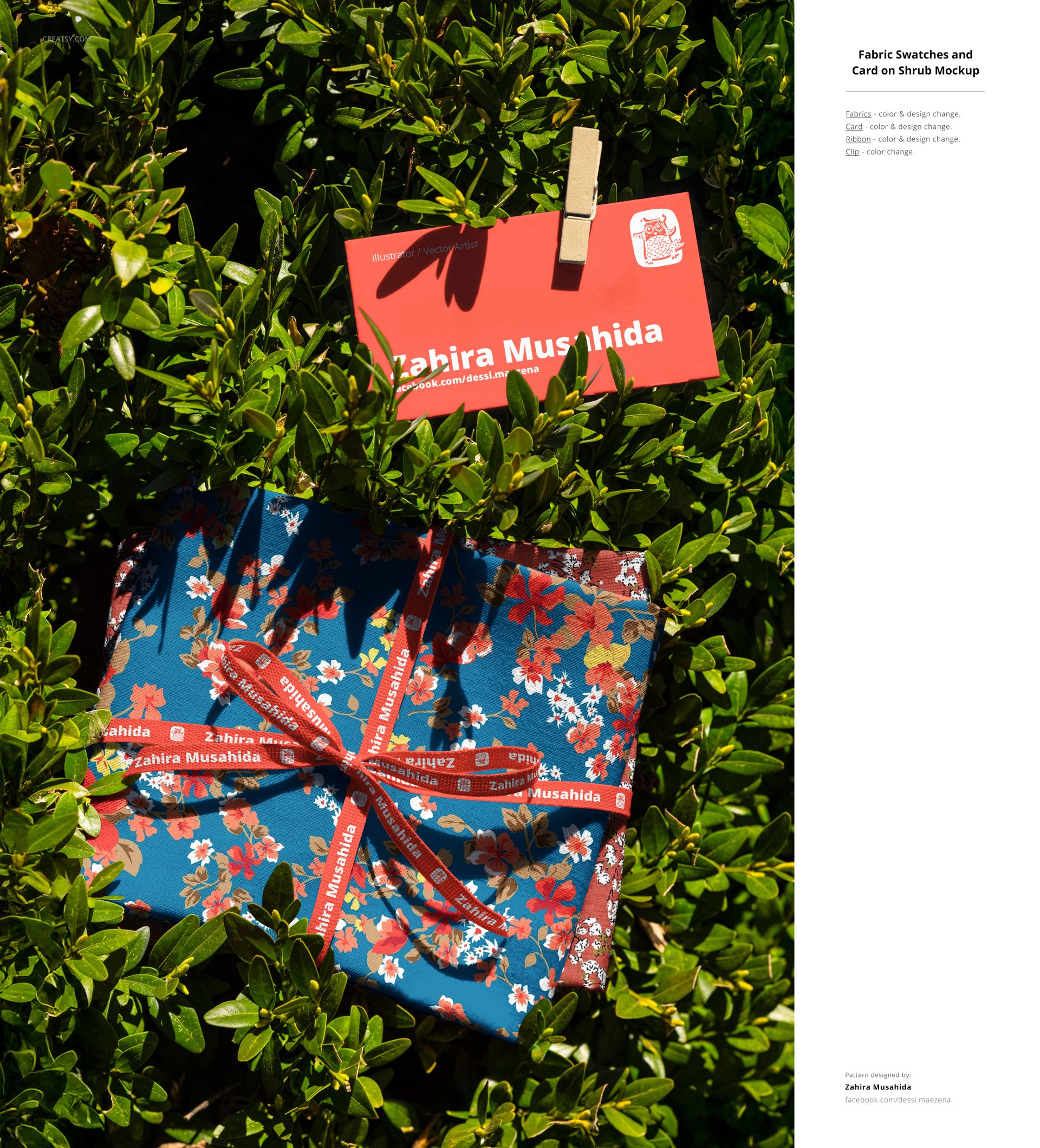 PSD mockup showing colorful fabric swatches and a red card clipped to a branch in a sunlit outdoor setting.