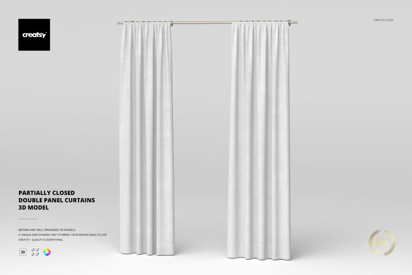 Front view of partially closed double panel curtains in white fabric, hanging from a slim rod against a light background.