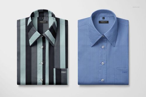 Front view of two adult apparel dress shirts, neatly folded, showing striped and blue checkered designs for PSD mockup.
