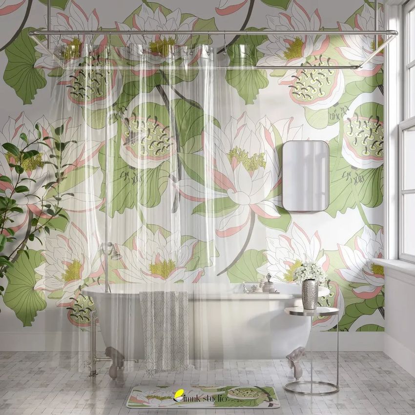 Transparent shower curtain mockup in a bathroom with a freestanding tub, floral wallpaper, and green and white accents.