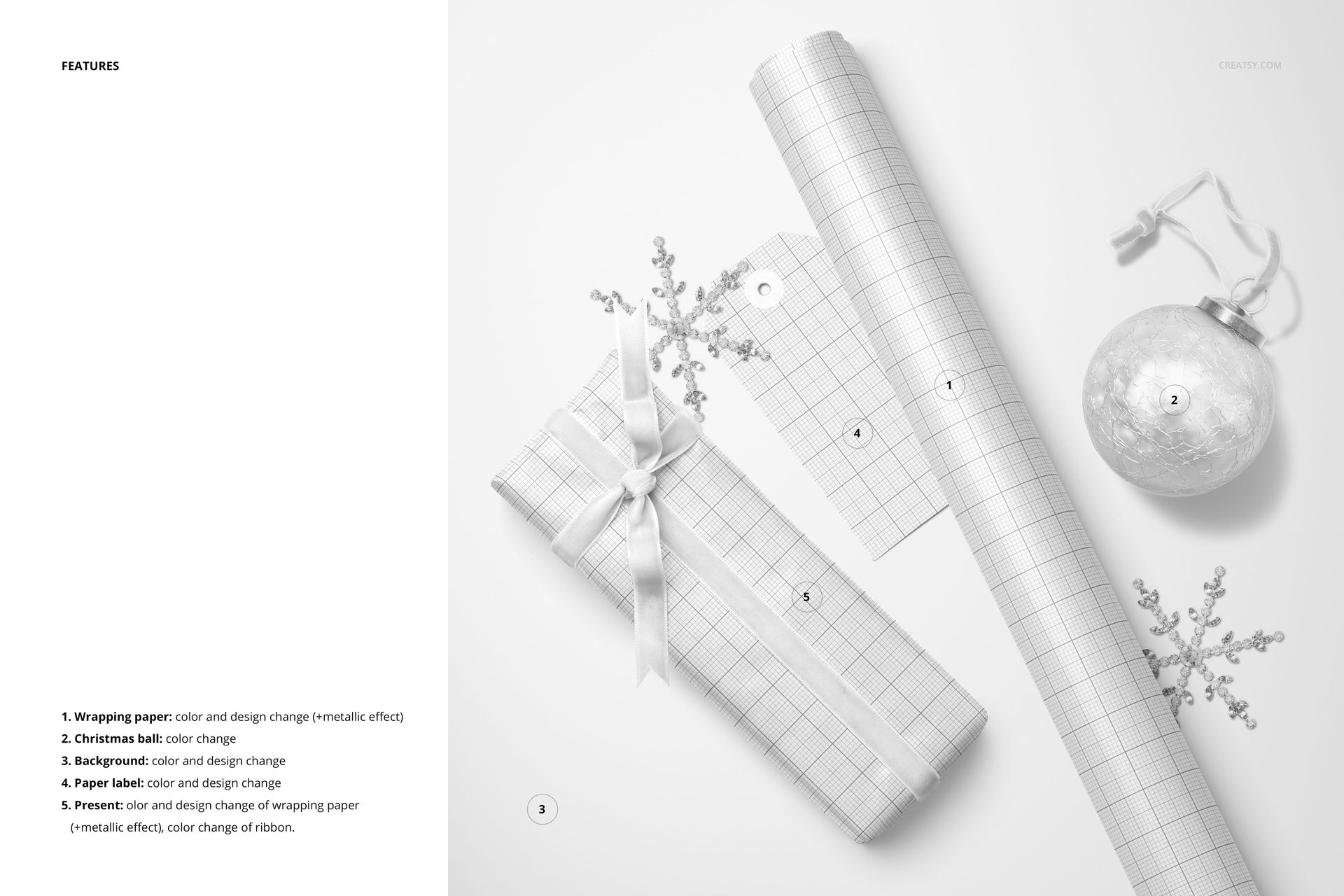 Top view of a wrapped gift with ribbon, grid wrapping paper roll, paper label, snowflake ornaments, and bauble mockup.