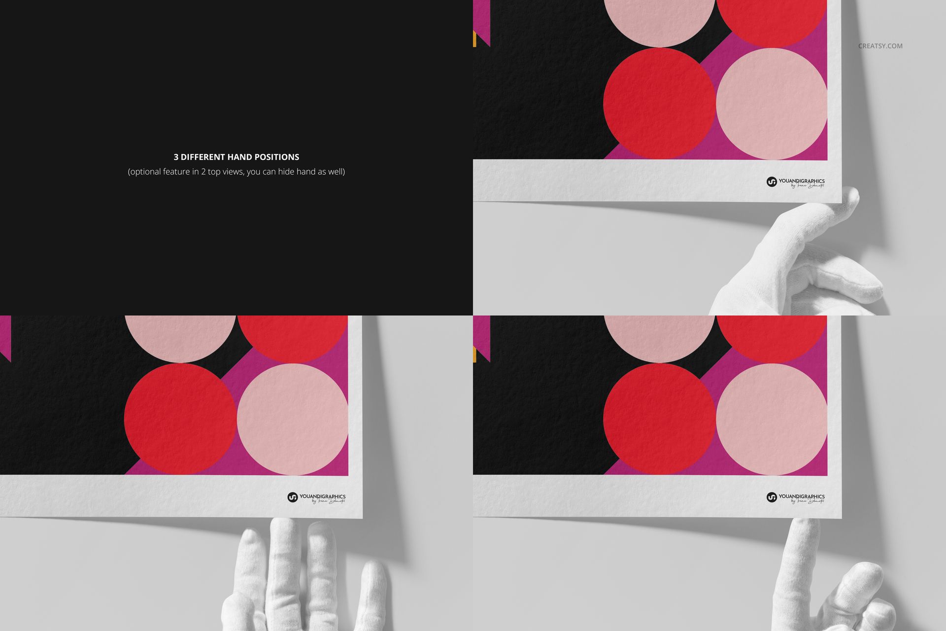 A3 fine art print mockup with abstract red and pink circles, shown in three views with different hand positions.