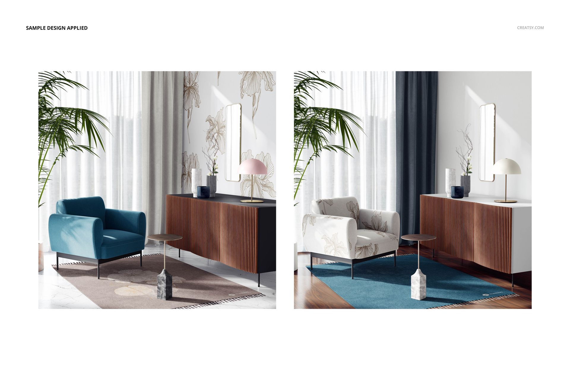 Mid-century modern interior mockup showing a sideboard and armchair, front view, with plants and decor accents.