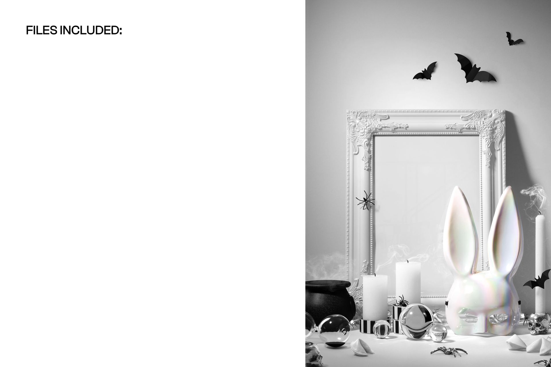 Ornate baroque picture frame mockup in a Halloween scene with candles, bat decorations, and spooky props.