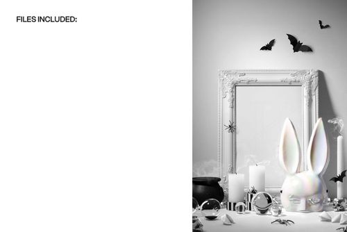 Ornate baroque picture frame mockup in a Halloween scene with candles, bat decorations, and spooky props.