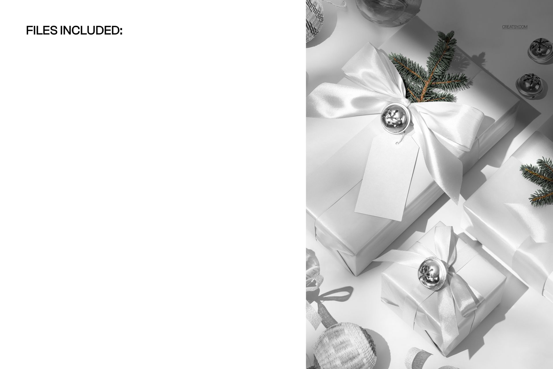 PSD mockup featuring Christmas gifts with white wrapping, shiny ribbons, and holiday ornaments in a bright setting.