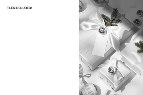 PSD mockup featuring Christmas gifts with white wrapping, shiny ribbons, and holiday ornaments in a bright setting.