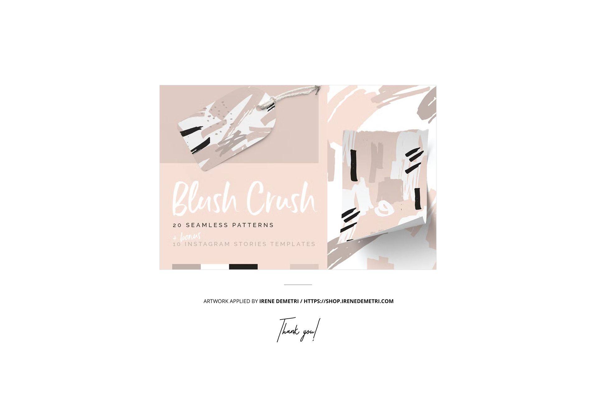 Mockup of three cotton ribbons featuring soft pink, beige, and black brushstroke designs, arranged side by side.