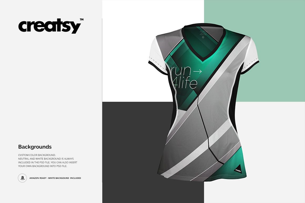 PSD mockup of a women's athletic jersey featuring abstract stripes and color blocks in green, gray, and black.