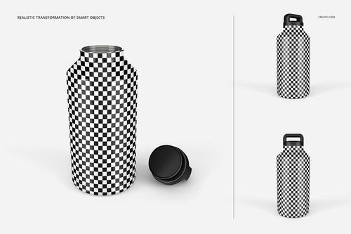 Large stainless steel tumbler mockup with a black and white checkered pattern, shown with lid off and on, on a white background.